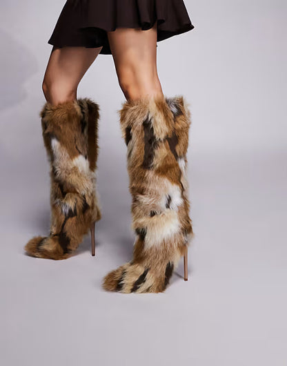 Stiletto Heel Faux Fur Knee Boots In Multi