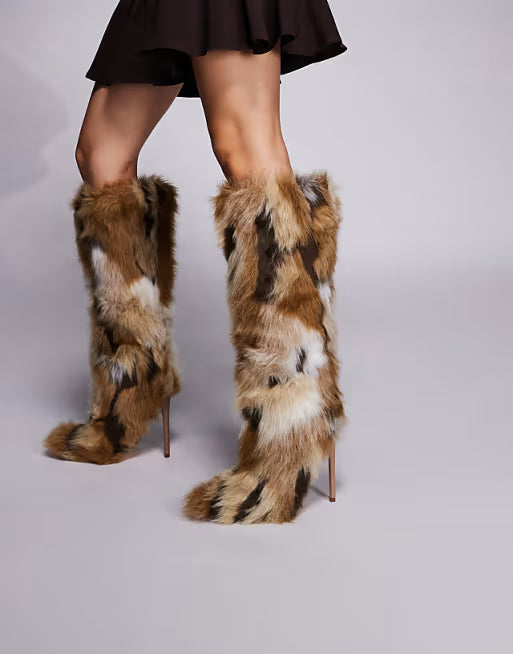 Stiletto Heel Faux Fur Knee Boots In Multi