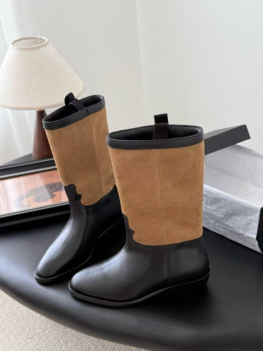 Two-tone Top Layer Cowhide High Boots