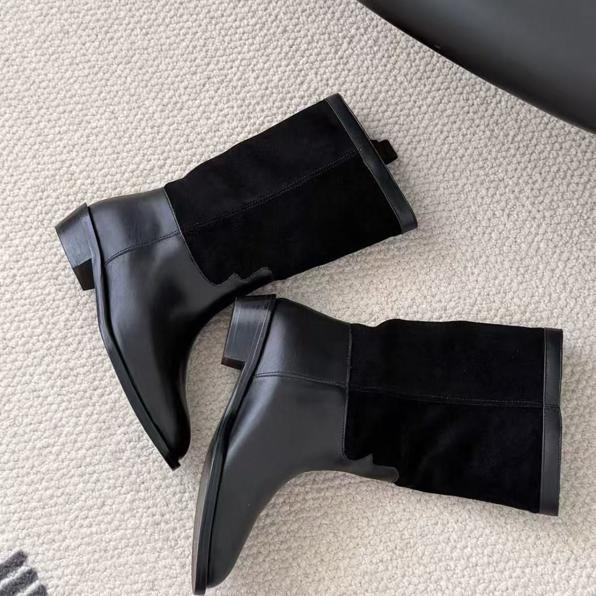Two-tone Top Layer Cowhide High Boots