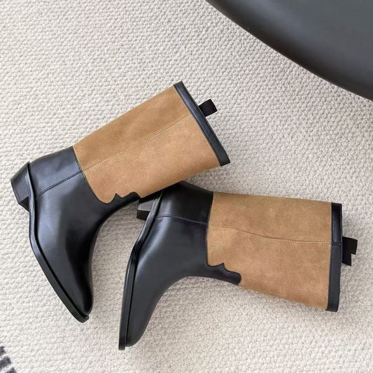 Two-tone Top Layer Cowhide High Boots