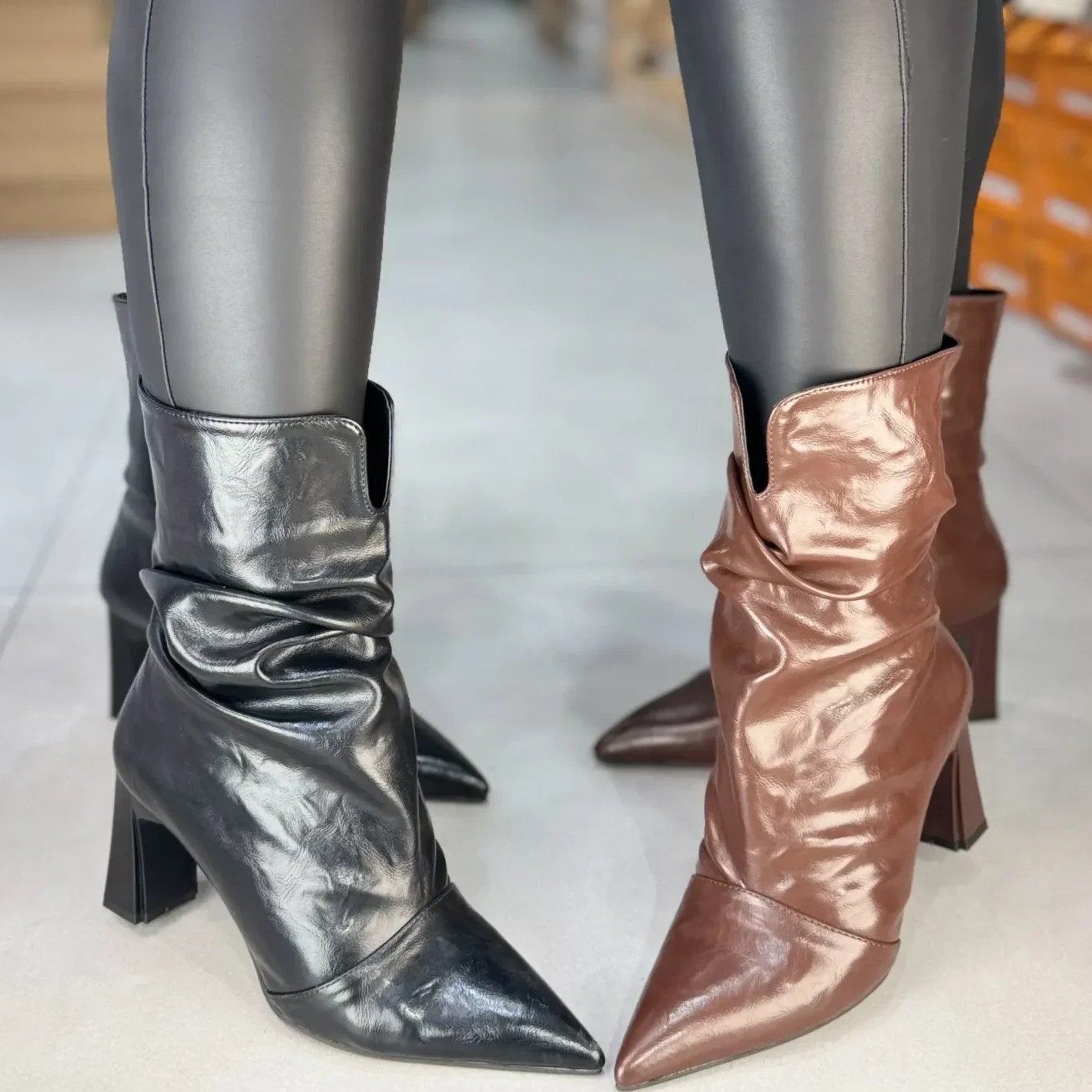 Pleated Leather Ankle Boots