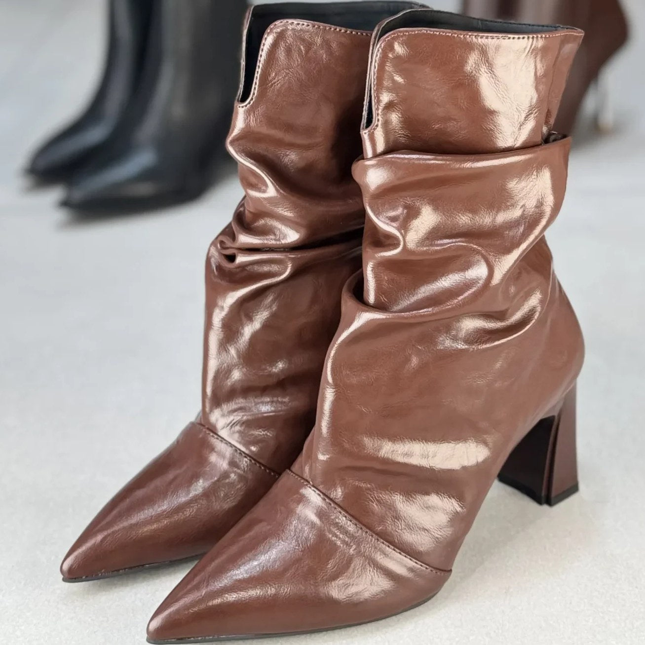 Pleated Leather Ankle Boots