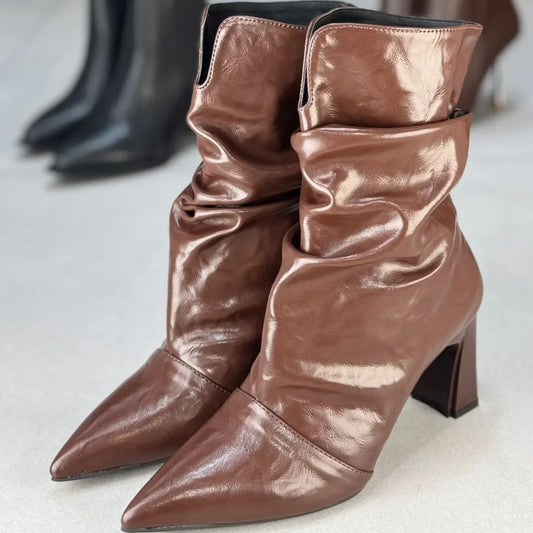 Pleated Leather Ankle Boots