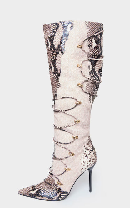 Snake Print PU Point Toe Stiletto Heeled Knee High Boots