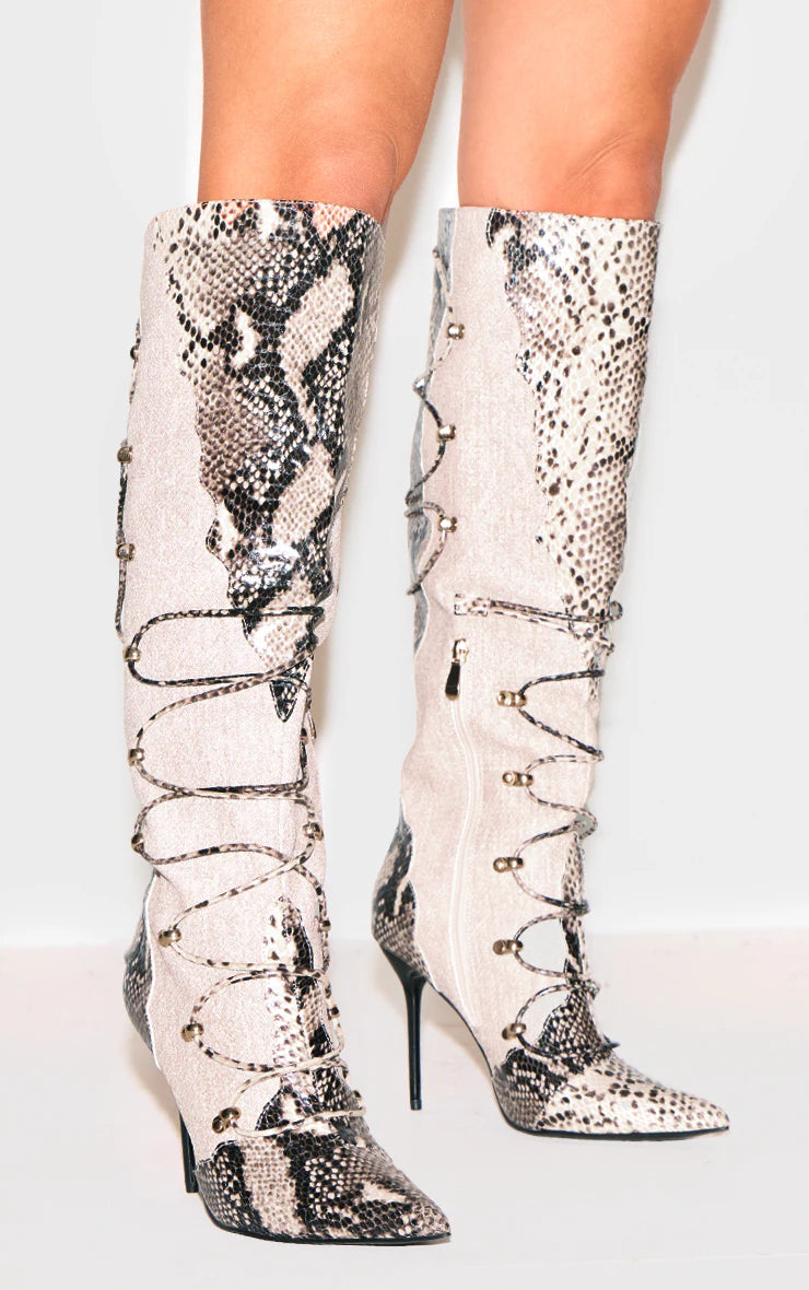 Snake Print PU Point Toe Stiletto Heeled Knee High Boots