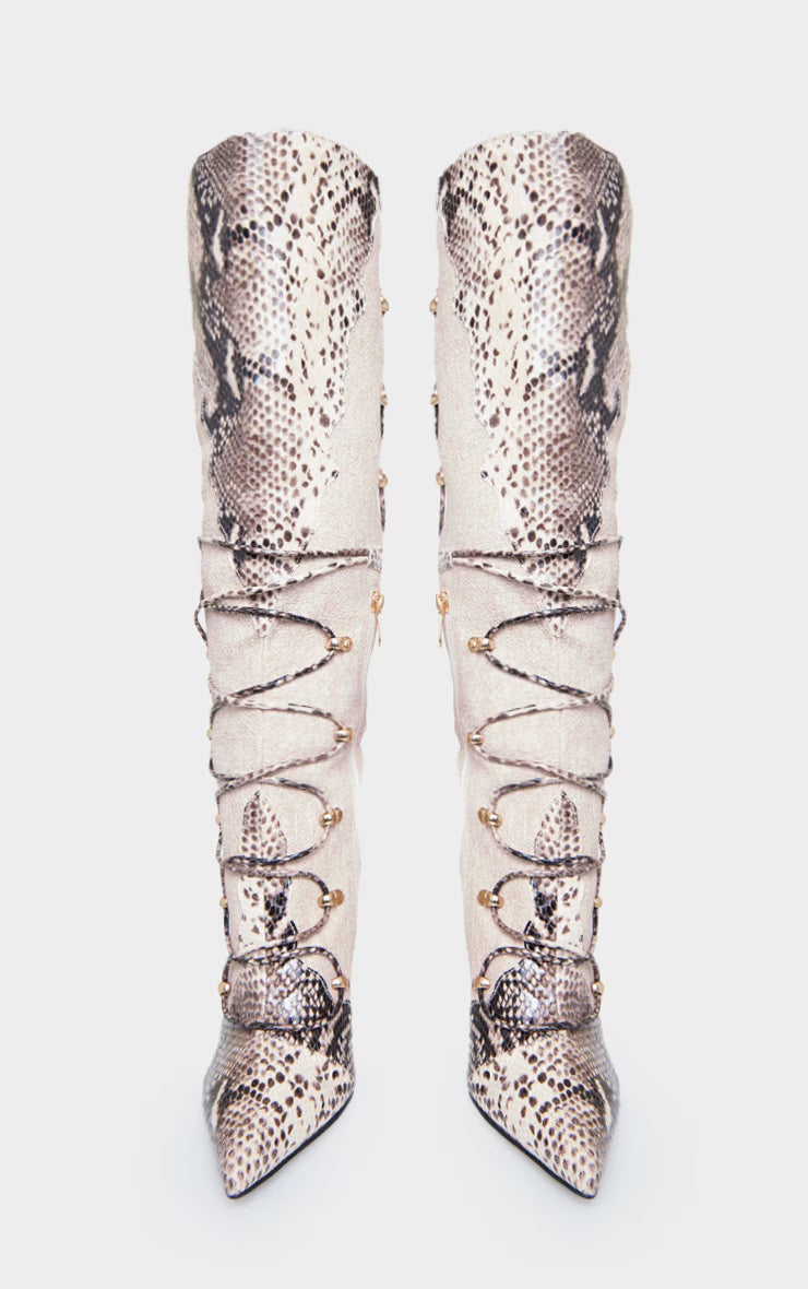 Snake Print PU Point Toe Stiletto Heeled Knee High Boots