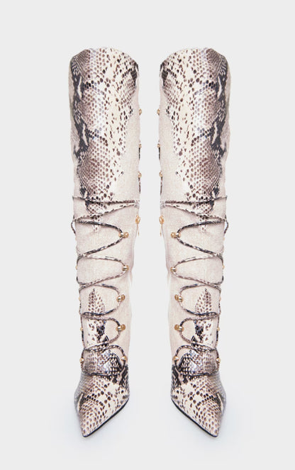 Snake Print PU Point Toe Stiletto Heeled Knee High Boots