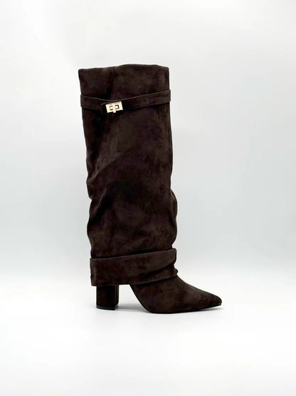 Suede Side Zipper Metal Buckle Boots