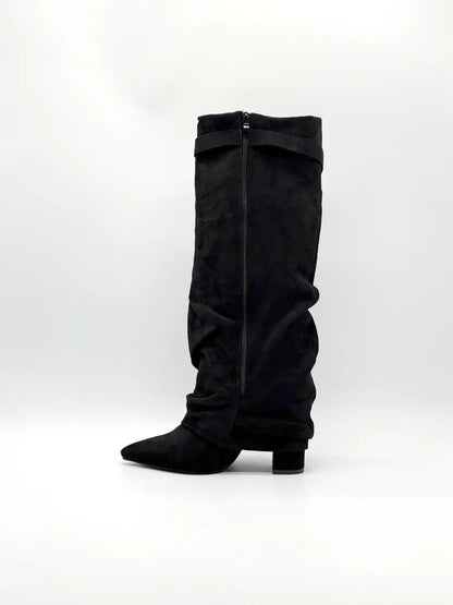 Suede Side Zipper Metal Buckle Boots