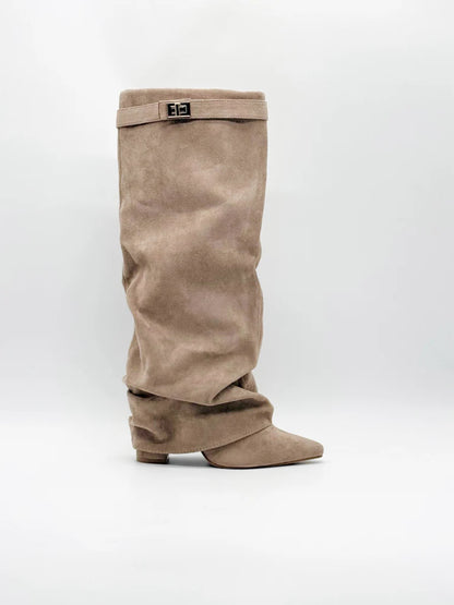 Suede Side Zipper Metal Buckle Boots