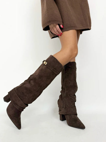 Suede Side Zipper Metal Buckle Boots