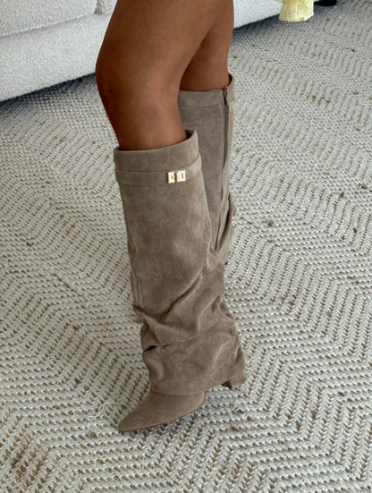 Suede Side Zipper Metal Buckle Boots
