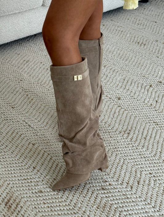 Suede Side Zipper Metal Buckle Boots