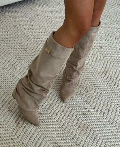 Suede Side Zipper Metal Buckle Boots
