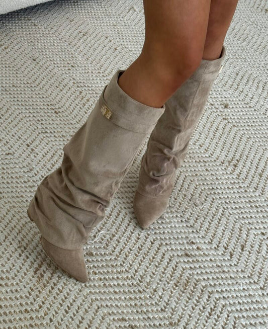 Suede Side Zipper Metal Buckle Boots