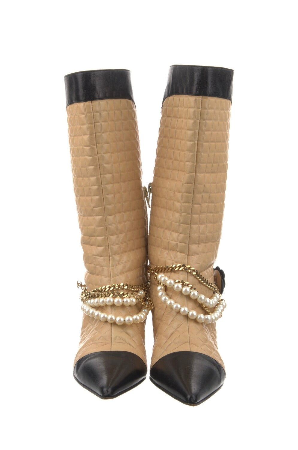Quilted Leather Charm Pearl Chains Boots