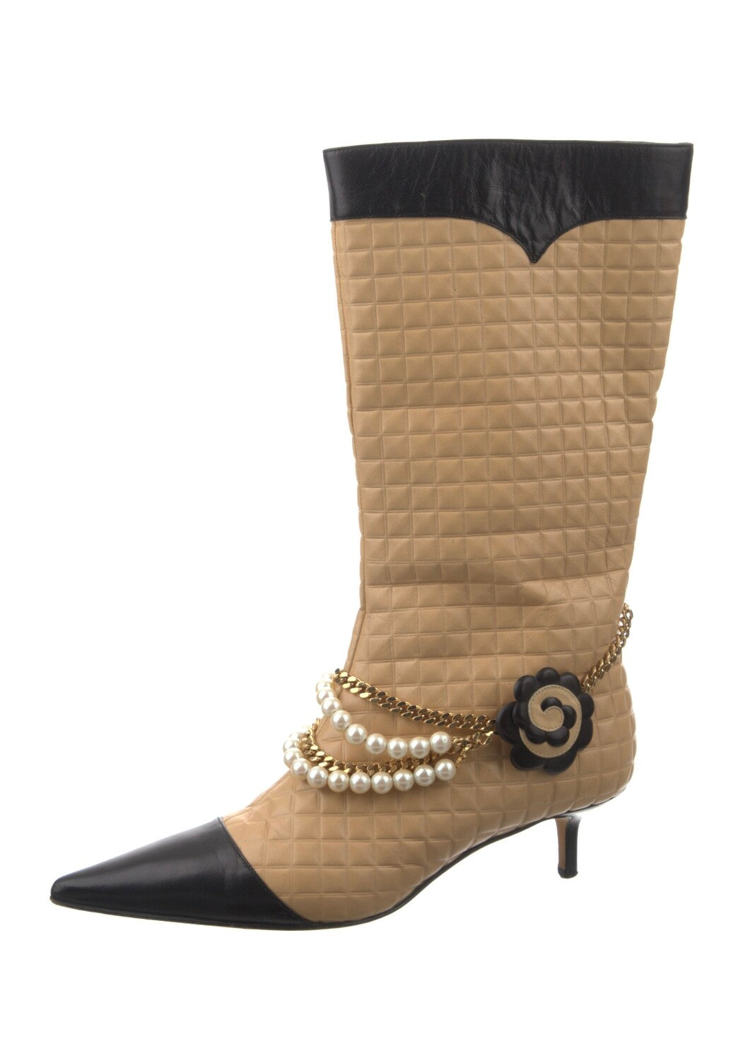 Quilted Leather Charm Pearl Chains Boots