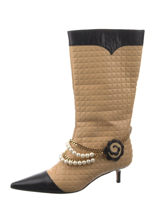 Quilted Leather Charm Pearl Chains Boots