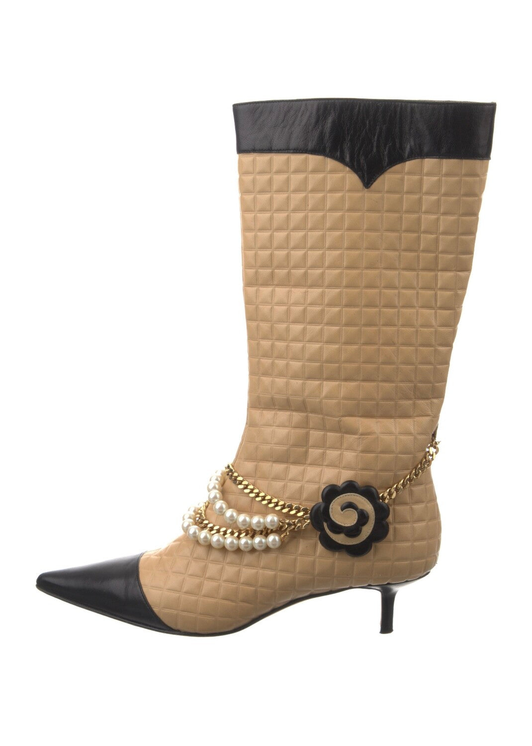 Quilted Leather Charm Pearl Chains Boots