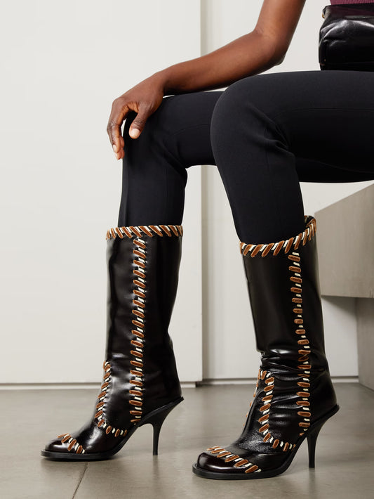 Round-toe Leather Stiletto Boots