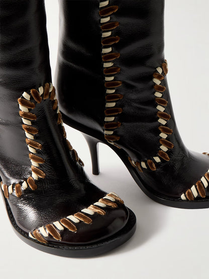 Round-toe Leather Stiletto Boots