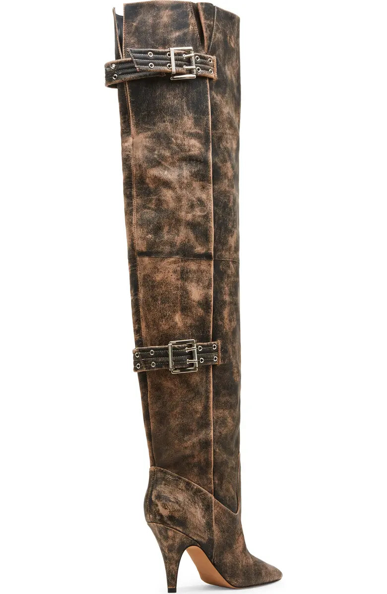 Distressed Leather Over-The-Knee Moto Boots