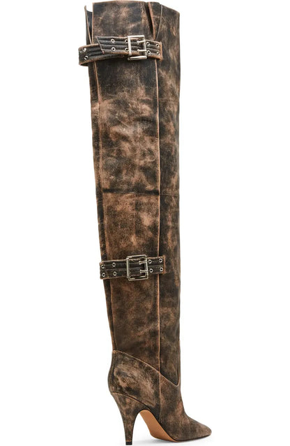 Distressed Leather Over-The-Knee Moto Boots