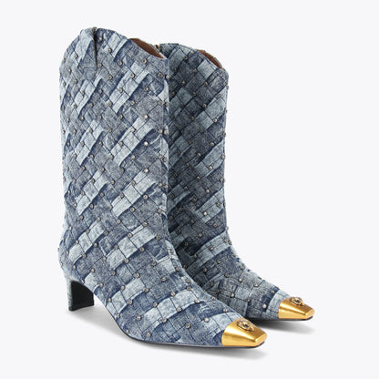 Woven Rhinestone Western Leather Boots