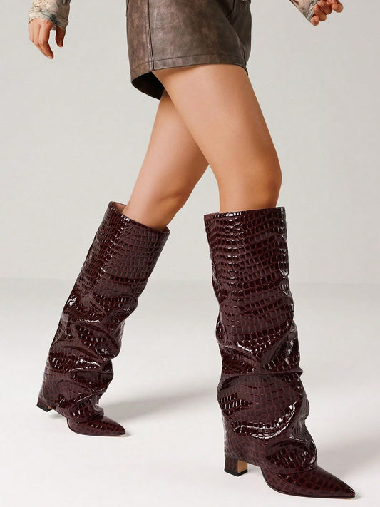 Texture Wide Calf Chunky High Heel Boots