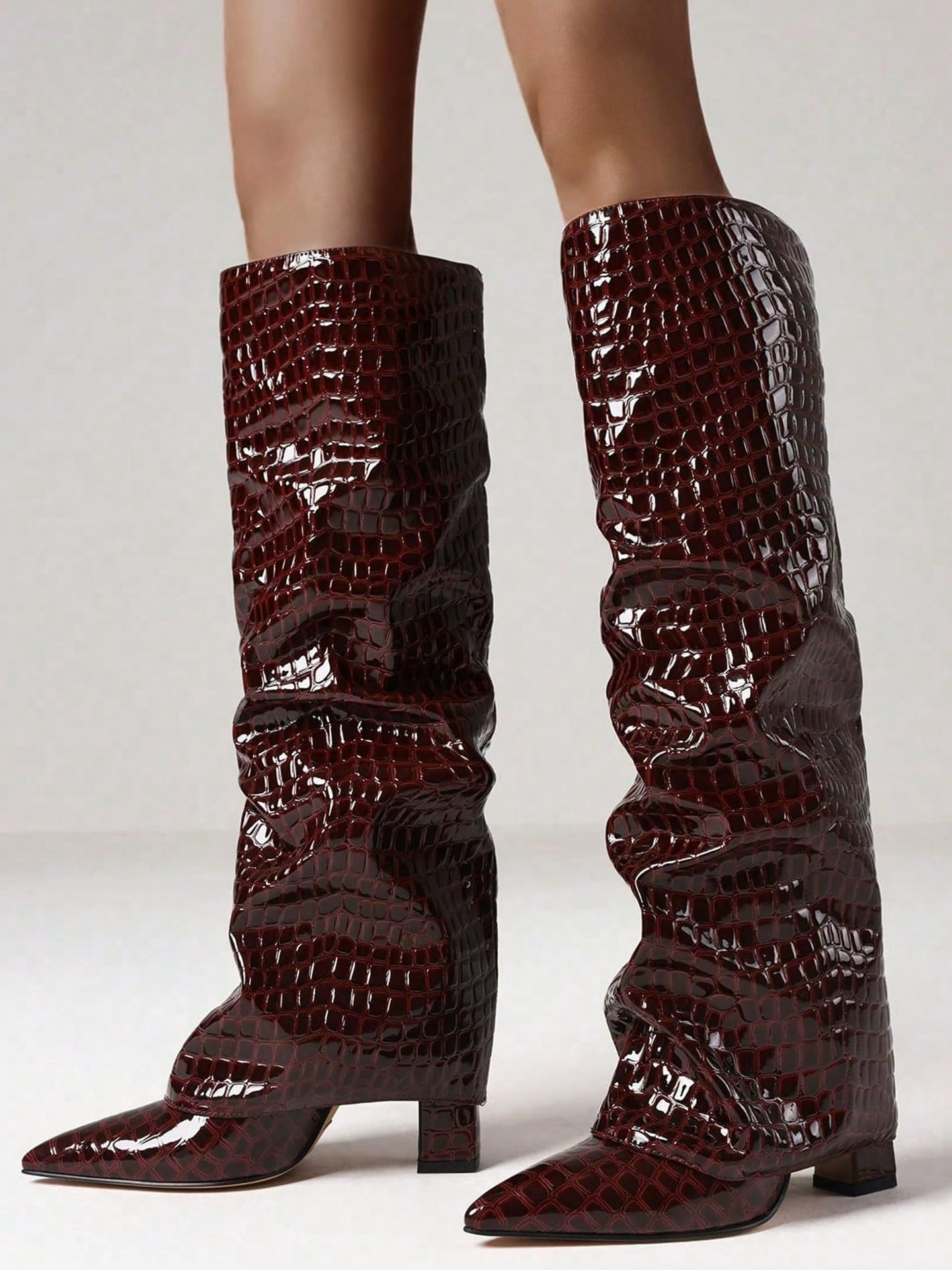 Texture Wide Calf Chunky High Heel Boots