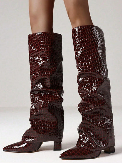 Texture Wide Calf Chunky High Heel Boots