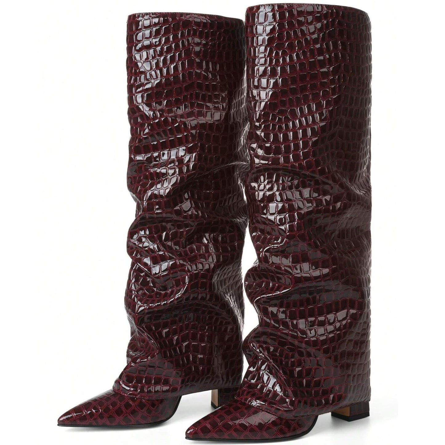 Texture Wide Calf Chunky High Heel Boots