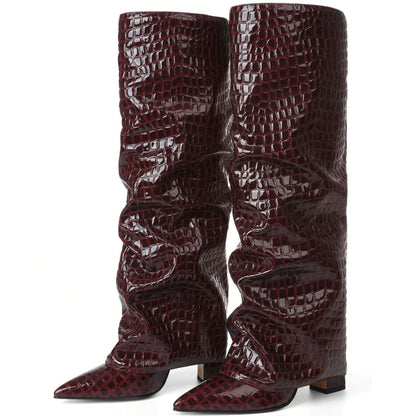 Texture Wide Calf Chunky High Heel Boots