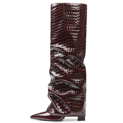 Texture Wide Calf Chunky High Heel Boots
