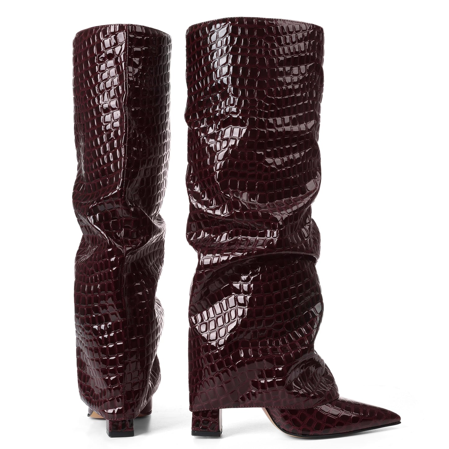 Texture Wide Calf Chunky High Heel Boots
