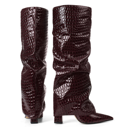 Texture Wide Calf Chunky High Heel Boots