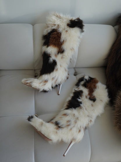 Cow Print Faux Fur Pointed-toe Stiletto Boots