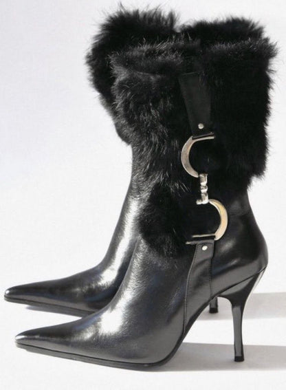 Faux Rabbit Fur Pointed-toe Stiletto Boots