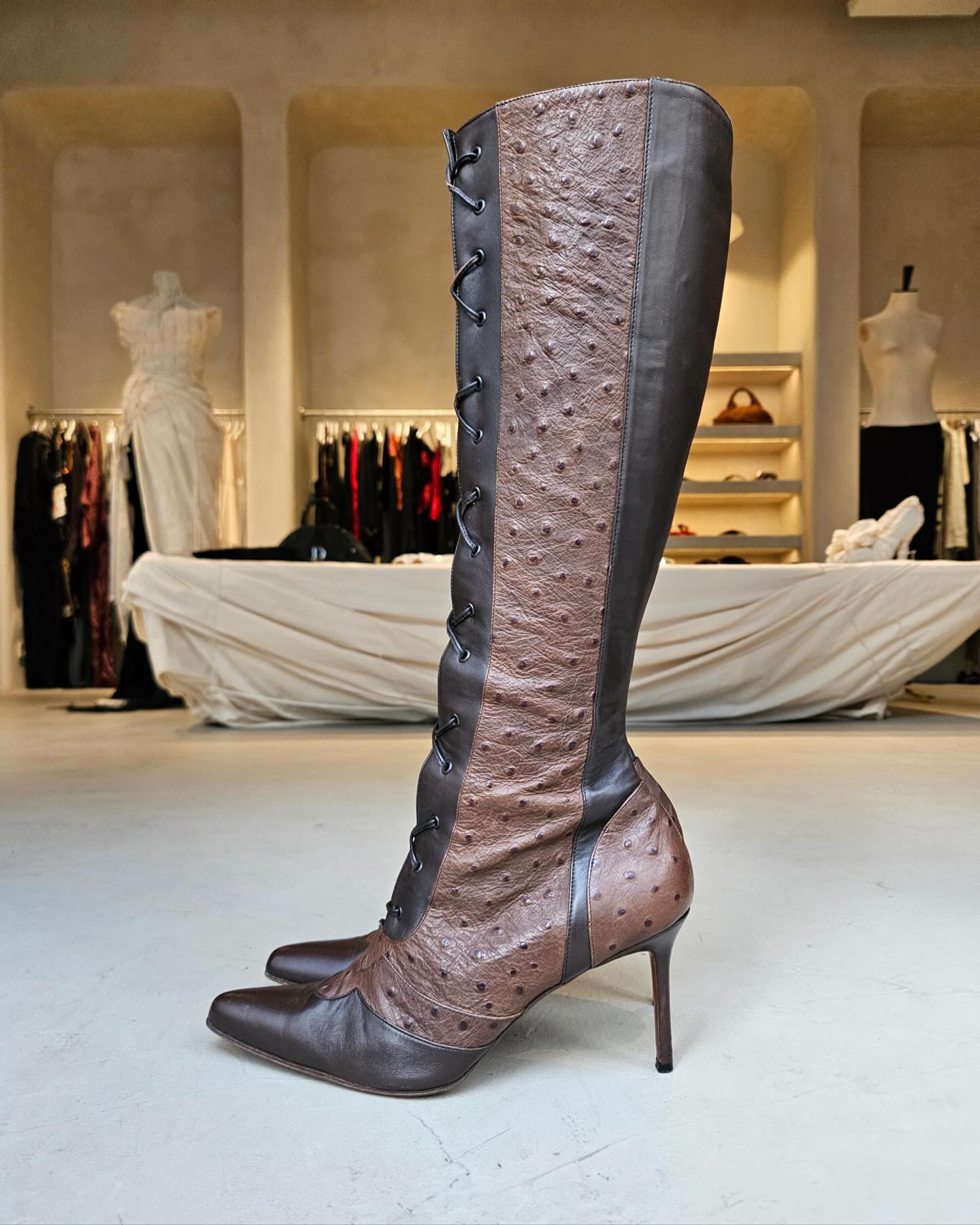 Ostrich Trimmed Knee-High Boots