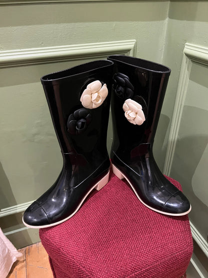Rubber Camellia Flower Rain Boots