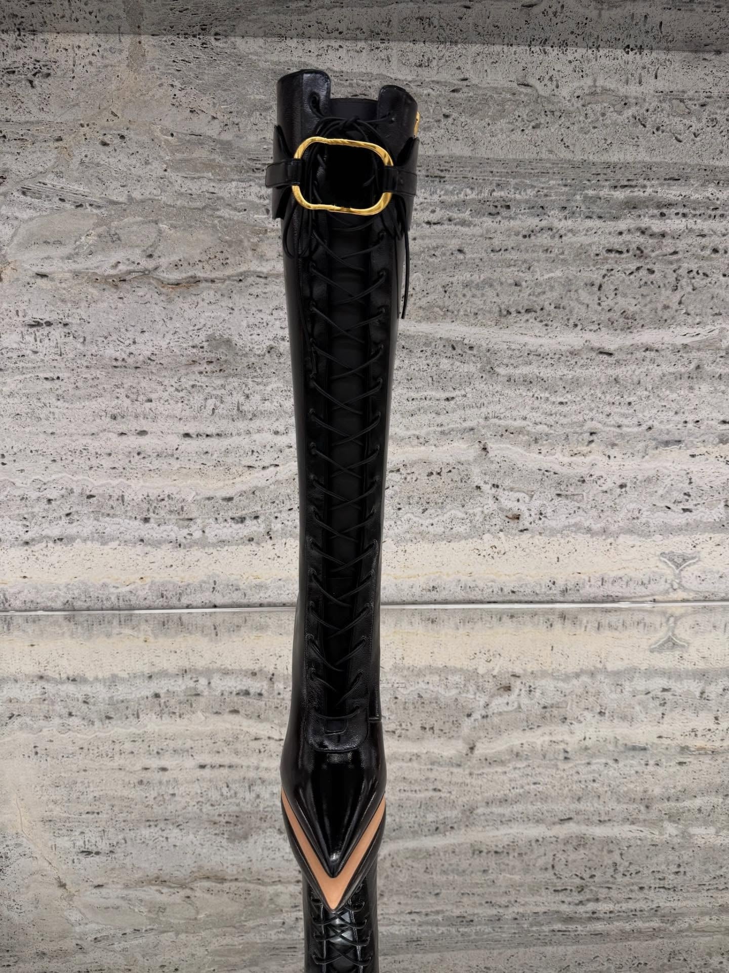 Gold-buckled Patent Leather Lace-up Stiletto Boots