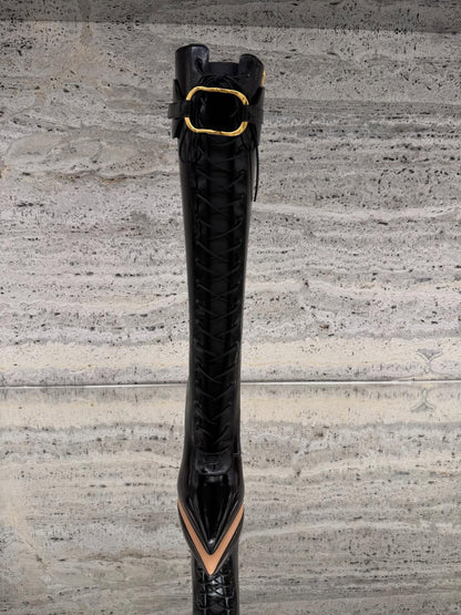 Gold-buckled Patent Leather Lace-up Stiletto Boots