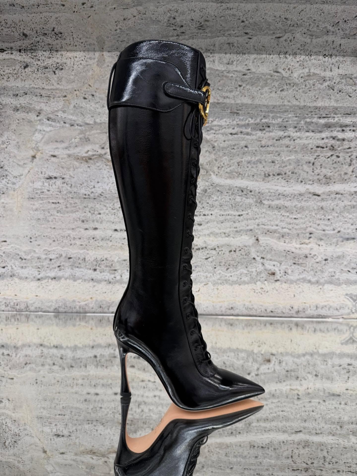 Gold-buckled Patent Leather Lace-up Stiletto Boots