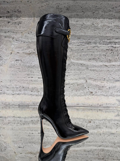 Gold-buckled Patent Leather Lace-up Stiletto Boots