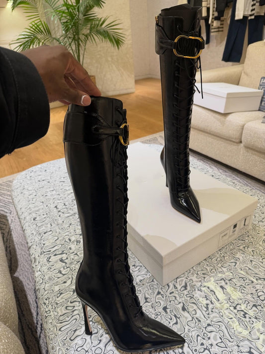 Gold-buckled Patent Leather Lace-up Stiletto Boots