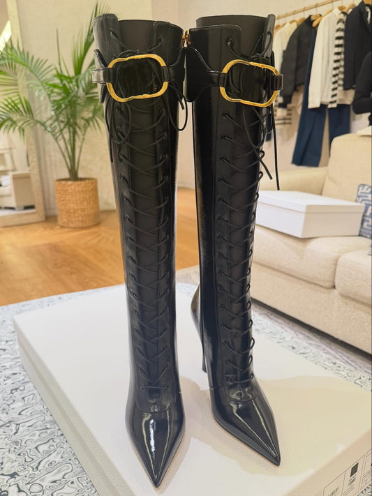 Gold-buckled Patent Leather Lace-up Stiletto Boots