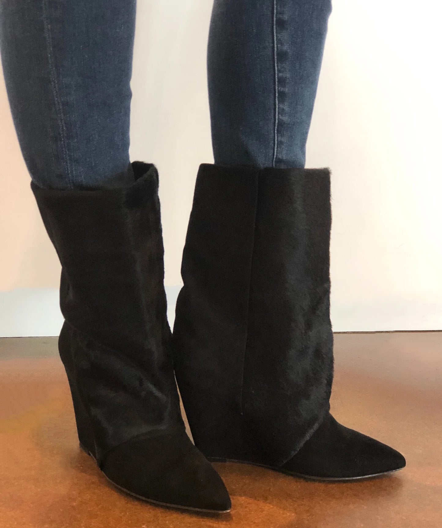 Black Pony Hair And Suede Wedge Boots