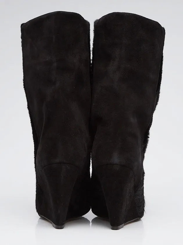 Black Pony Hair And Suede Wedge Boots