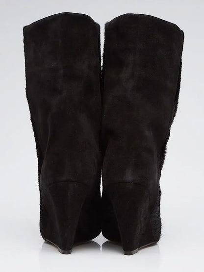 Black Pony Hair And Suede Wedge Boots